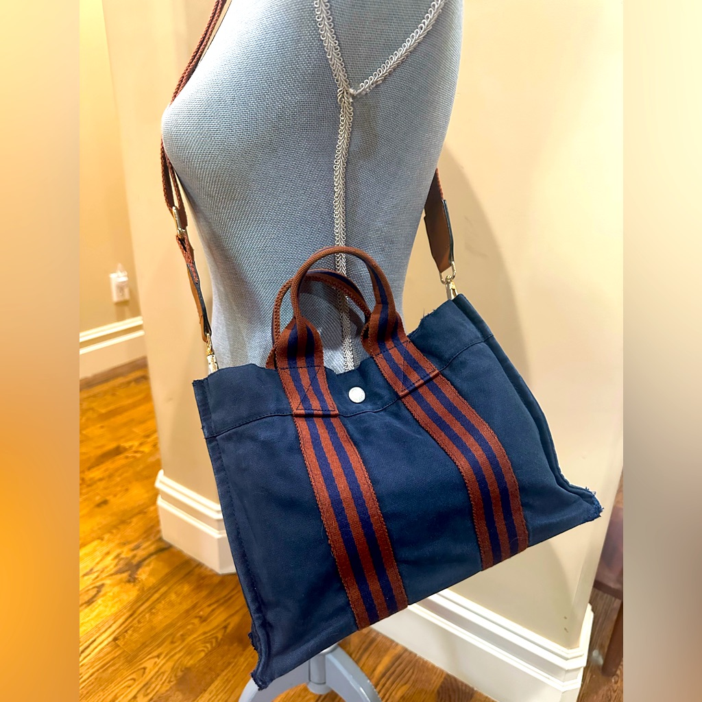 Hermes Fourre Tout Pm Herline Navy And Brown W/Unbrand Long Strap